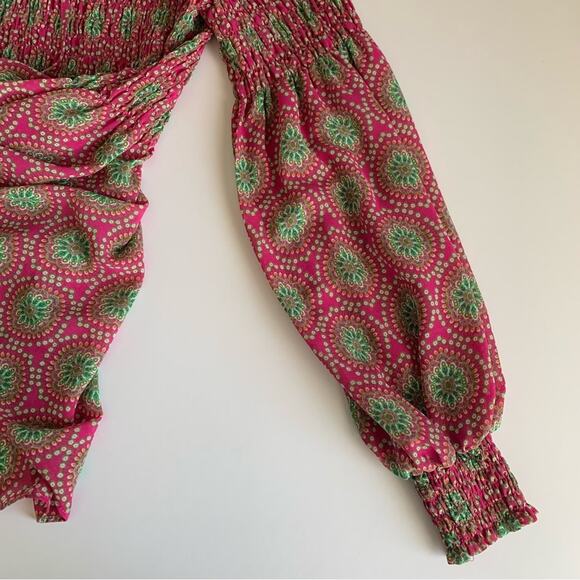Rose + Olive Pink and Green Boho Smocked Long Sleeve Blouse Medium - Picture 8 of 9
